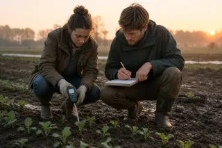 Two young farmers kneeling in a muddy field at dawn, closely examining seedlings and using a soil moisture meter, with early morning light highlighting their concentrated teamwork and the damp rural landscape.
