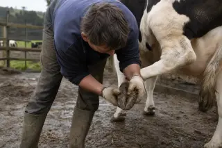 Young farmer inspecting a cow's hoof in a muddy barnyard at dawn, highlighting practical animal care in an authentic livestock environment.