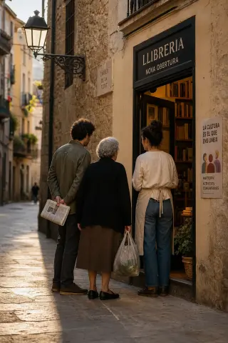 Three people having a quiet conversation outside a newly renovated bookshop on a narrow stone alley in soft late afternoon light.